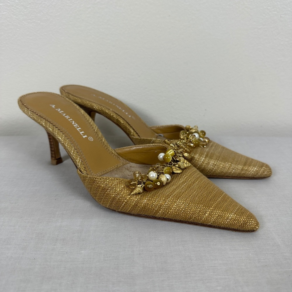 A. Marinelli Women's 5.5M Kitten Heel Mules Gold Beaded Pointed Toe Shell Shoes - Picture 2 of 7